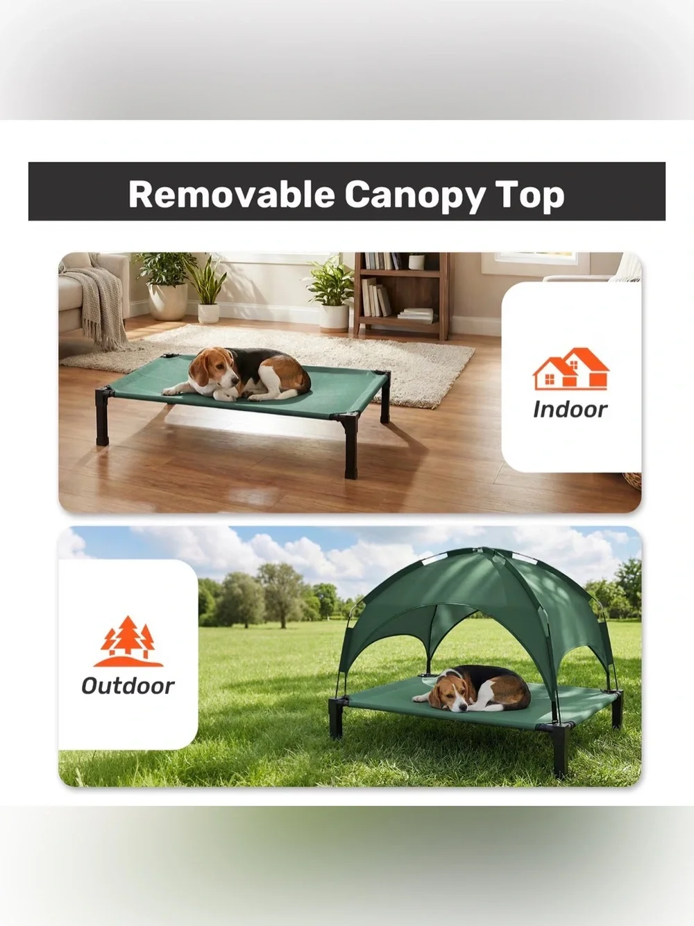 Heeyoo Outdoor Elevated Dog Bed with Removable Canopy, Green, 60 x 36 x 9.5-in